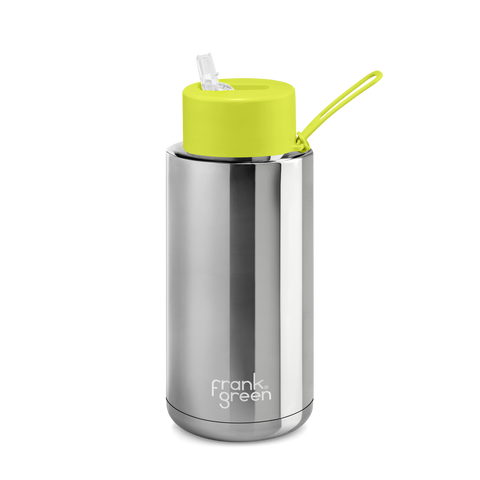 Frank Green - Ceramic Reusable Bottle with Straw Lid - Chrome with Neon Yellow (1L/34oz)
