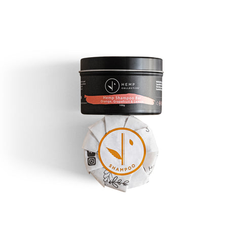Natural Hemp Shampoo Bar with Orange, Grapefruit & Lemon - In Travel Tin & Refill 100g