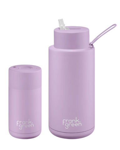 Frank Green Large Essential Gift Set Stainless Steel Ceramic Reusable Bottle + Cup - Lilac Haze(34oz & 120z)