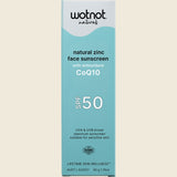 Wotnot Natural Zinc Face Sunscreen SPF50 with antioxidant CoQ10 - 50g