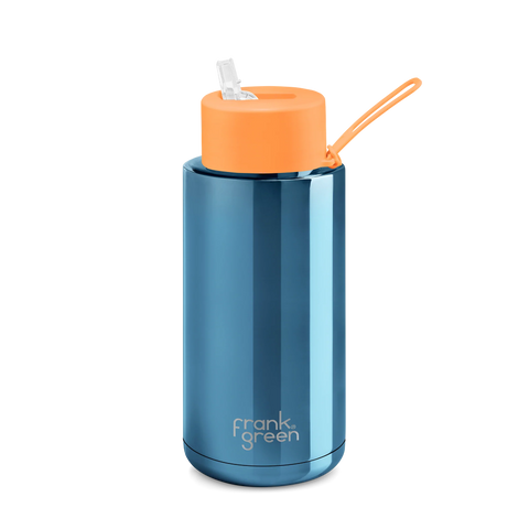 Frank Green - Ceramic Reusable Bottle with Straw Lid - Chrome Blue with Neon Orange (1L/34oz)