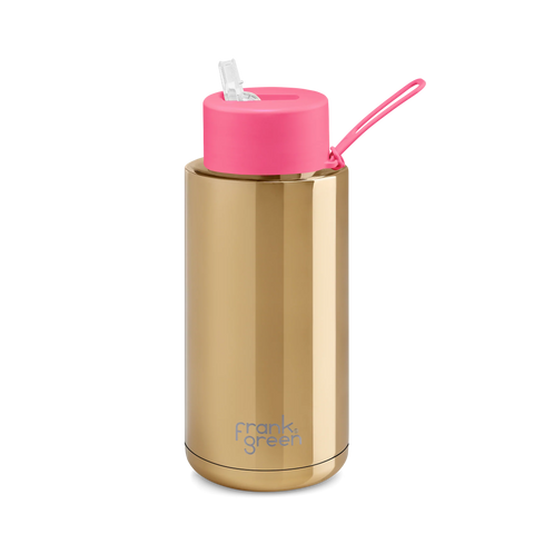 Frank Green - Ceramic Reusable Bottle with Straw Lid - Chrome Gold with Neon Pink (1L/34oz)
