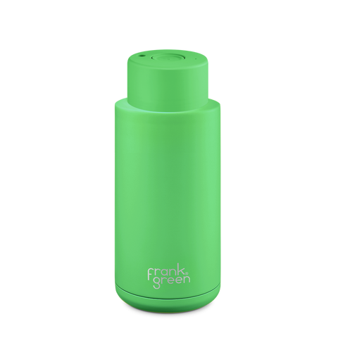 Frank Green - Stainless Steel Ceramic Reusable Bottle with Push Button Lid - Neon Green (34oz)