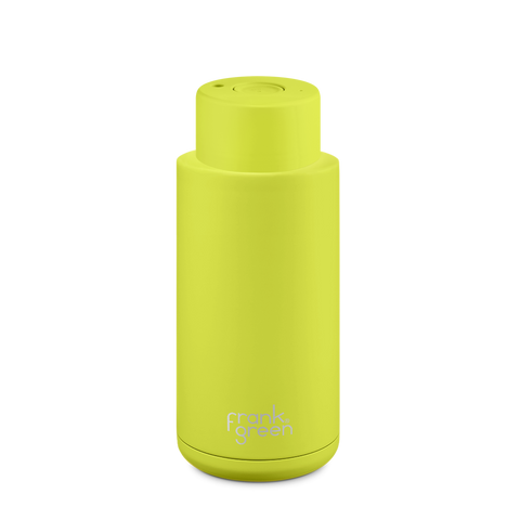 Frank Green - Stainless Steel Ceramic Reusable Bottle with Push Button Lid - Neon Yellow (34oz)