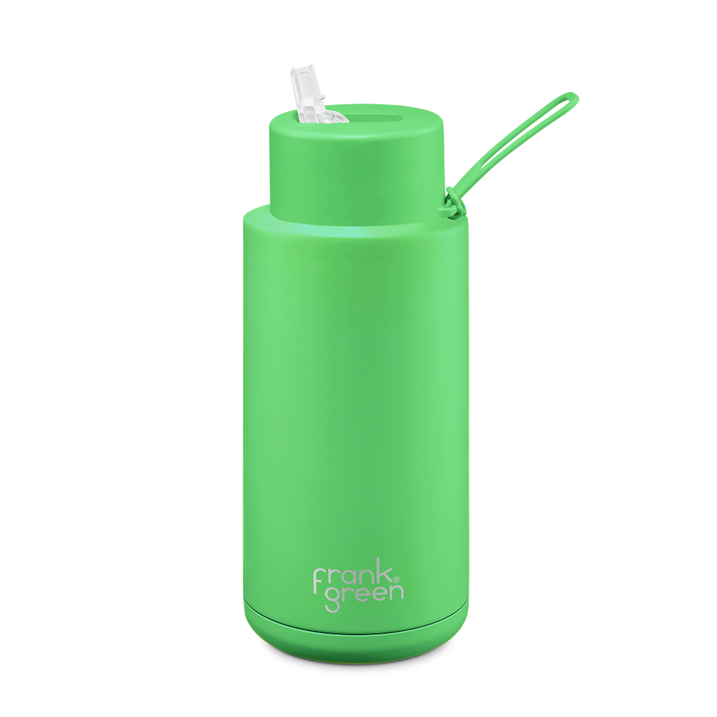 Frank Green - Stainless Steel Ceramic Reusable Bottle with Straw Lid - Neon Green (34oz)
