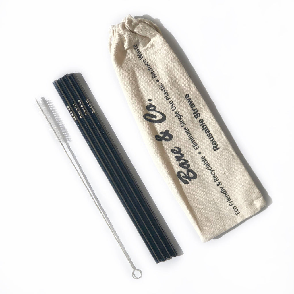 Bare & Co. - Reusable Black Straws - Straight (4 Pack with Bonus Cleaner)