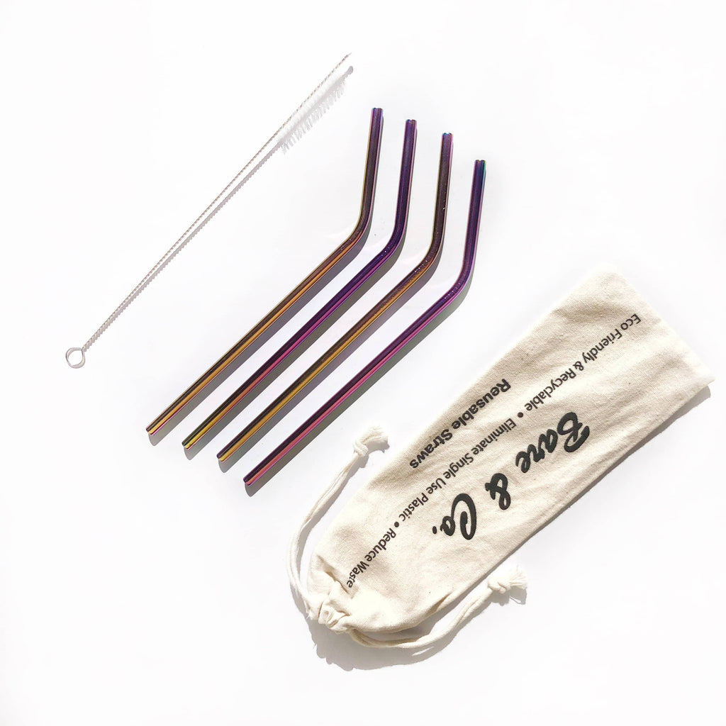 Bare & Co. - Reusable Rainbow Straws - Bent (4 Pack with Bonus Cleaner)