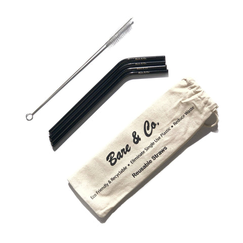 Bare & Co. - Reusable Black Straws - Bent (4 Pack with Bonus Cleaner)