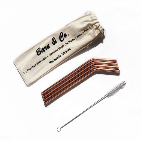 Bare & Co. - Reusable Rose Gold Straws - Bent (4 Pack with Bonus Cleaner)