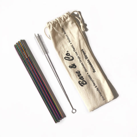 Bare & Co. - Reusable Rainbow Straws - Straight (4 Pack with Bonus Cleaner)