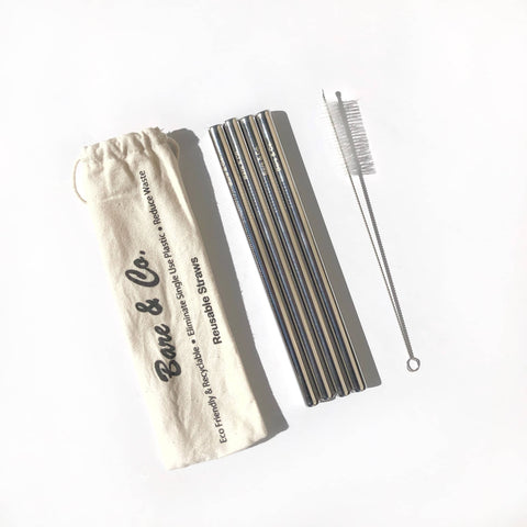 Bare & Co. - Stainless Steel Straws - Smoothie Size (4 Pack with Bonus Cleaner)