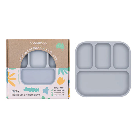 Bobo & Boo - Plant-Based Bento-Style Divided Plate - Grey (21cm x 22cm)