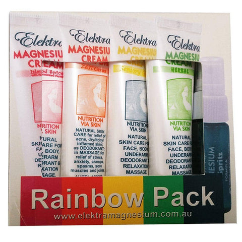 Elektra Magnesium - Magnesium Cream - Sampler Rainbow Pack (4x20g with 10ml Magnesium Spray)