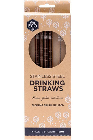 Ever Eco - Rose Gold Stainless Steel Straws - Straight (4 pack with Cleaning Brush)