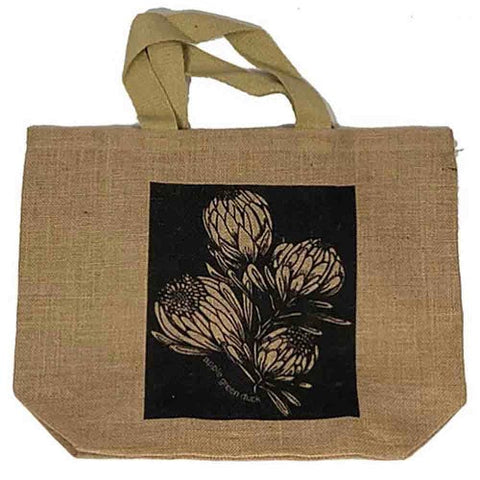 Apple Green Duck - Jute Grocer Bag - Charcoal Flowers in Square